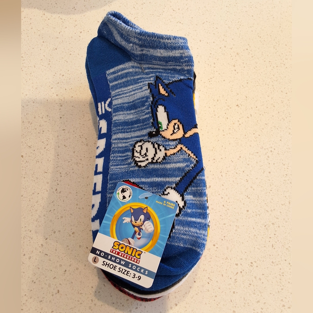 Sonic the Hedgehog Boys No-Show Socks, 6-Pairs, Shoe Size: (L)3-9, New With Tag